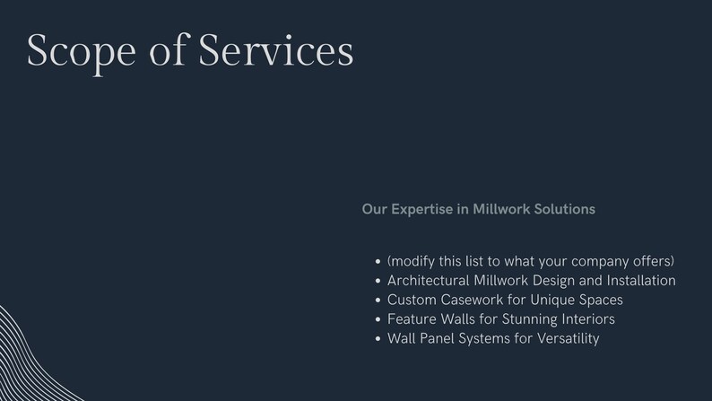 K&ouml;nnte beinhalten: Ein dunkelblaues Grafikdokument mit dem Titel Scope of Services und dem Untertitel Our Expertise in Millwork Solutions. Der Text listet Architectural Millwork Design and Installation, Custom Casework for Unique Spaces, Feature Walls und Wall Panel Systems auf.