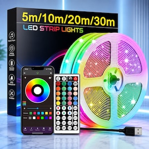 May include: A roll of LED strip lights with a remote control and a smartphone displaying a color wheel app. The black product box features the text 5m/10m/20m/30m LED STRIP LIGHTS, Music Sync, Timing Function, Remote Control, IP65 Waterproof, and Cuttable.