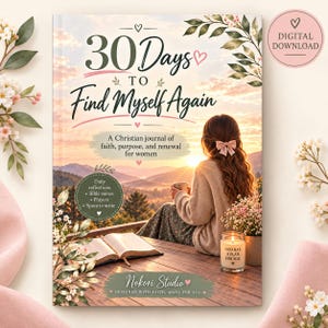 Pode incluir: Uma capa de livro intitulada 30 Days to Find Myself Again, mostrando uma pessoa sentada num deck de madeira com vista para um pôr do sol nas montanhas. A capa inclui texto sobre um diário cristão, uma Bíblia, uma vela com o texto God Has a Plan for You e detalhes florais. Um selo de download digital está no canto.