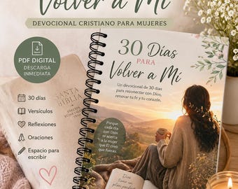 Könnte beinhalten: Ein spiralgebundenes Andachtsbuch mit dem Titel 30 Días para Volver a Mi, das auf dem Cover eine Person in einem Feld bei Sonnenuntergang zeigt. Das Buch enthält Abschnitte für tägliche Verse, Reflexionen, Gebete und Platz zum Schreiben.