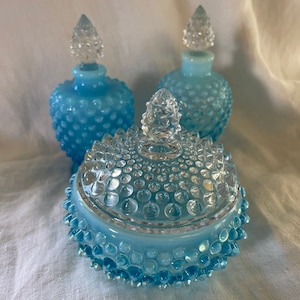 Fenton Blue Opalescent Hobnail Vanity Set