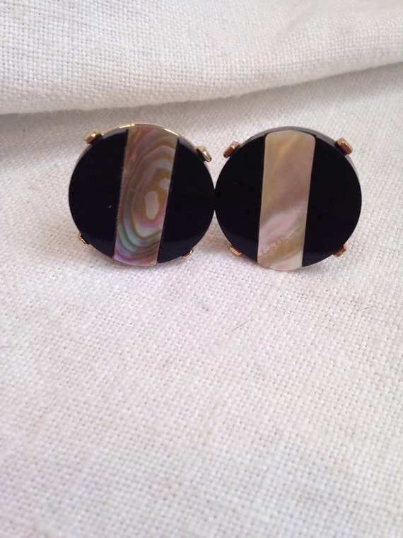 Swank Cufflinks Black Abalone Shell Inset 1964 Pea