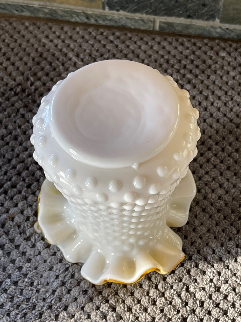 Kanawha Hobnail Milk Glass Vase Yellow Glass Inside Ruffled Edge