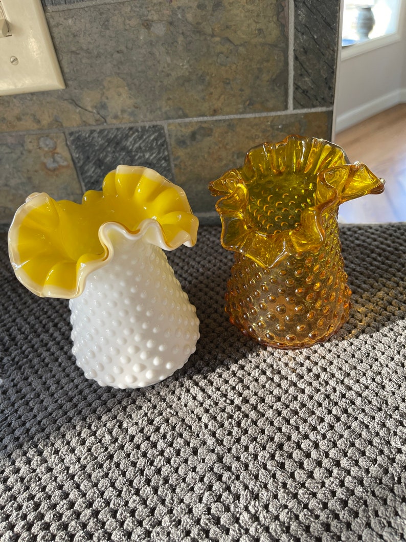 Kanawha Hobnail Milk Glass Vase Yellow Glass Inside Ruffled Edge