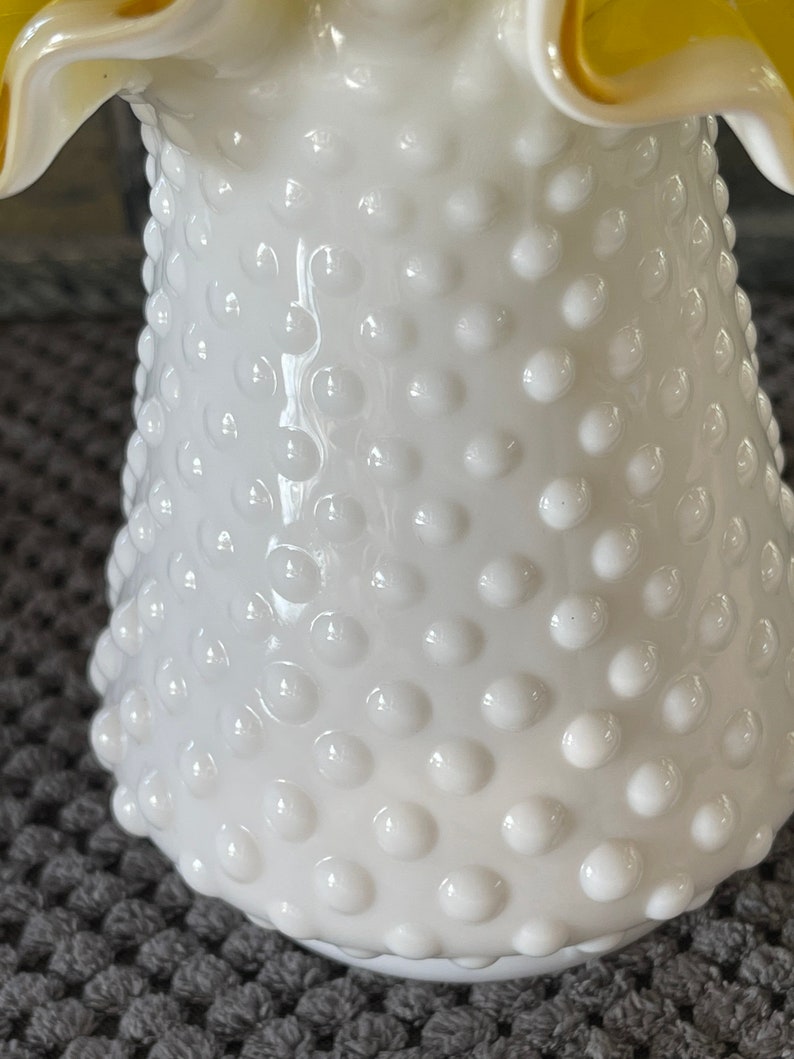 Kanawha Hobnail Milk Glass Vase Yellow Glass Inside Ruffled Edge