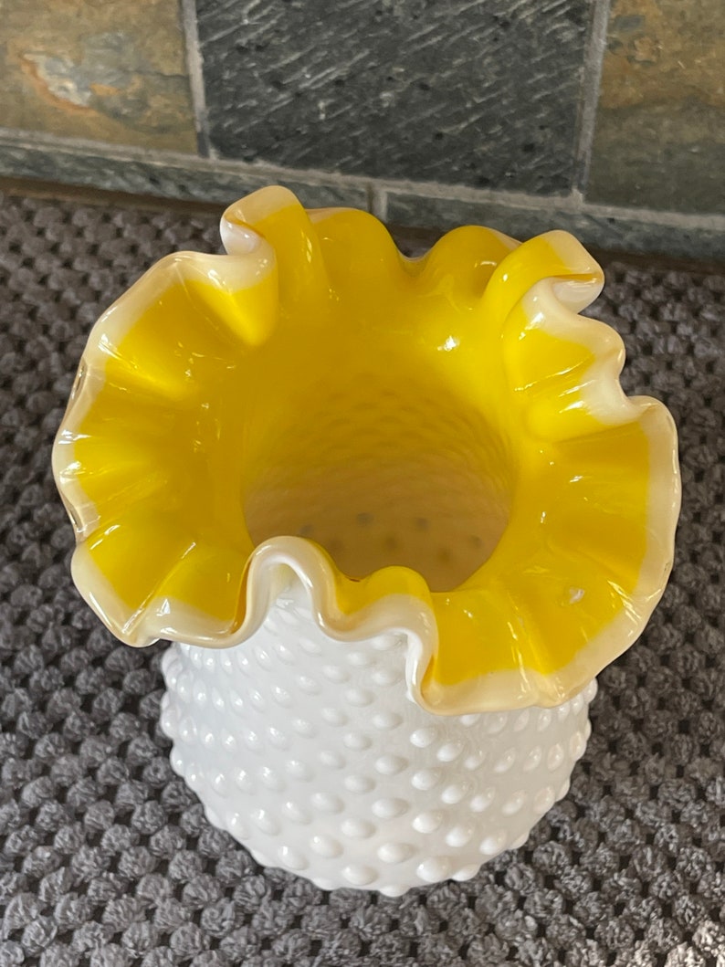 Kanawha Hobnail Milk Glass Vase Yellow Glass Inside Ruffled Edge