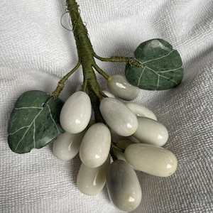 Vintage White Gray Stone Fruit Carved Grape Cluster with Green Marble Leaves
