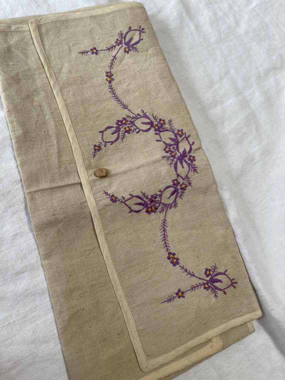 Linen Jewelry or Lingerie  Bag Embroidered Purple 