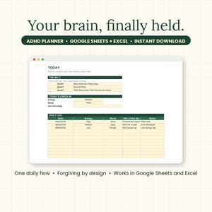 May include: A digital ADHD planner template for Google Sheets and Excel featuring a daily log, energy and mood trackers, and a 'Big 3' task list. The interface includes dark green headers and light yellow cells with the text 'Your brain, finally held.'