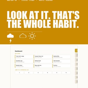 Puede incluir: Un rastreador de presupuesto digital con un encabezado amarillo mostaza que presenta el texto "LOOK AT IT. THAT'S THE WHOLE HABIT." e iconos meteorológicos. El panel incluye secciones para registros de gastos, fondos y deudas.
