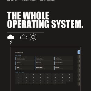Puede incluir: Una interfaz de planificador digital sobre fondo negro con el texto BAD-DAY OS, STATUS: STORM, ROUTE: MINIMUM y THE WHOLE OPERATING SYSTEM. Incluye un panel con secciones para el seguimiento mensual, semanal y diario, además de un calendario.