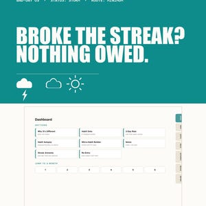 Puede incluir: Un panel digital de seguimiento de hábitos con un encabezado verde azulado que muestra el texto BAD-DAY OS, STATUS: STORM, ROUTE: MINIMUM y BROKE THE STREAK? NOTHING OWED. Debajo, una interfaz blanca muestra secciones para seguimiento y navegación.