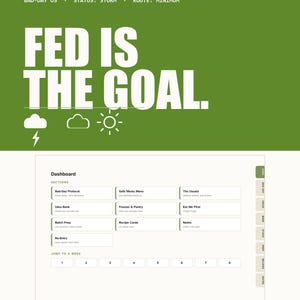 Puede incluir: Un panel de control digital para planificar comidas con un encabezado verde que muestra el texto "FED IS THE GOAL" e iconos meteorológicos. La interfaz blanca incluye secciones para Bad-Day Protocol, Idea Bank, Batch Prep, Re-Entry, Safe Meals, Freezer y Notes.