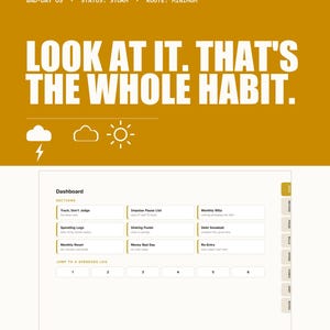 Puede incluir: Un rastreador de presupuesto digital con un encabezado amarillo mostaza que presenta el texto "LOOK AT IT. THAT'S THE WHOLE HABIT." e iconos meteorológicos. El panel incluye secciones para registros de gastos, fondos y deudas.