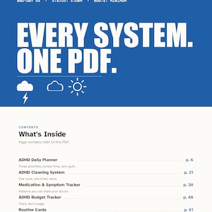 Puede incluir: Un documento digital de planificador TDAH con un encabezado azul que muestra el texto BAD-DAY OS, STATUS: STORM, ROUTE: MINIMUM, EVERY SYSTEM. ONE PDF. e iconos meteorológicos. La lista de contenidos incluye un planificador diario, sistema de limpieza, rastreador de medicamentos y síntomas, rastreador de presupuesto y tarjetas de rutina.