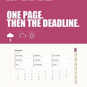 Puede incluir: Un planificador digital para estudiantes con un encabezado magenta que presenta el texto BAD-DAY OS, STATUS: STORM, ROUTE: MINIMUM y ONE PAGE. THEN THE DEADLINE. Debajo, un diseño de tablero incluye secciones para horarios de clase y tareas.