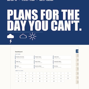 Puede incluir: Una interfaz de planificador digital con un encabezado azul oscuro que presenta el texto "PLANS FOR THE DAY YOU CAN'T." e iconos meteorológicos. El panel incluye secciones para resumen mensual, hábitos, registro médico, lluvia de ideas y calendario.