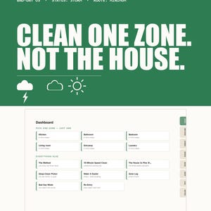 Puede incluir: Un panel de control de sistema de limpieza digital con un encabezado verde que muestra el texto BAD-DAY OS, STATUS: STORM, ROUTE: MINIMUM y CLEAN ONE ZONE. NOT THE HOUSE. La interfaz blanca incluye secciones para Kitchen, Bathroom, Bedroom, Living room, Entryway y Laundry.