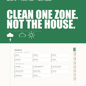 Puede incluir: Un panel de control de sistema de limpieza digital con un encabezado verde que muestra el texto BAD-DAY OS, STATUS: STORM, ROUTE: MINIMUM y CLEAN ONE ZONE. NOT THE HOUSE. La interfaz blanca incluye secciones para Kitchen, Bathroom, Bedroom, Living room, Entryway y Laundry.