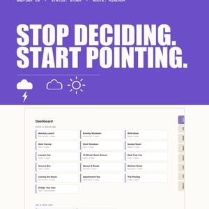Puede incluir: Un planificador de panel digital para la gestión de rutinas TDAH con un encabezado morado que presenta el texto STOP DECIDING. START POINTING. e iconos meteorológicos. La interfaz blanca enumera varias rutinas diarias como Morning Launch.
