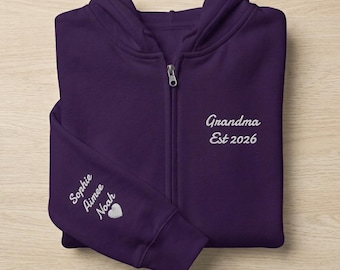 Felpa con cappuccio e zip intera personalizzabile, felpa per la nonna con i nomi dei nipoti sulla manica, regali personalizzati