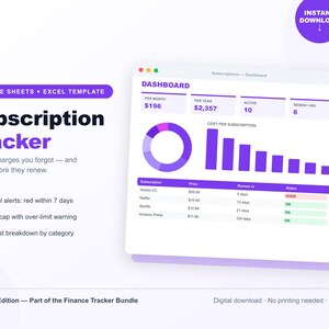 Subscription Tracker Spreadsheet, Recurring Bill Tracker Google Sheets Excel, Renewal Alert Template, Lavender Design