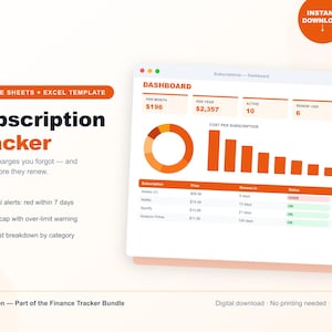 Subscription Tracker Spreadsheet, Recurring Bill Tracker Google Sheets Excel, Renewal Alert Template, Bold Design