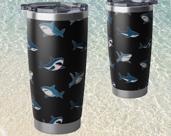 Bicchiere termico con motivo squalo giocoso / Acciaio inossidabile da 590 ml (20 oz) a tema oceano