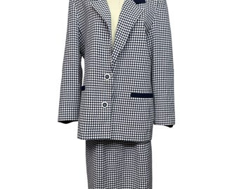 Traje de falda Chelsea Ltd Vintage con estampado de pata de gallo, azul marino y blanco, talla 12, fabricado en EE. UU.