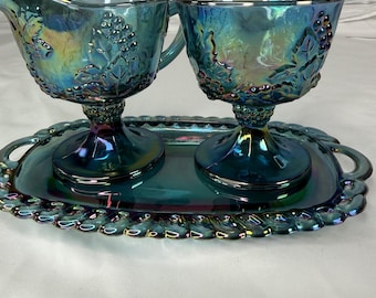 Vintage Indiana Glass Harvest Grape Teal Blue Carnival roomsuiker- en schaalset met dienblad