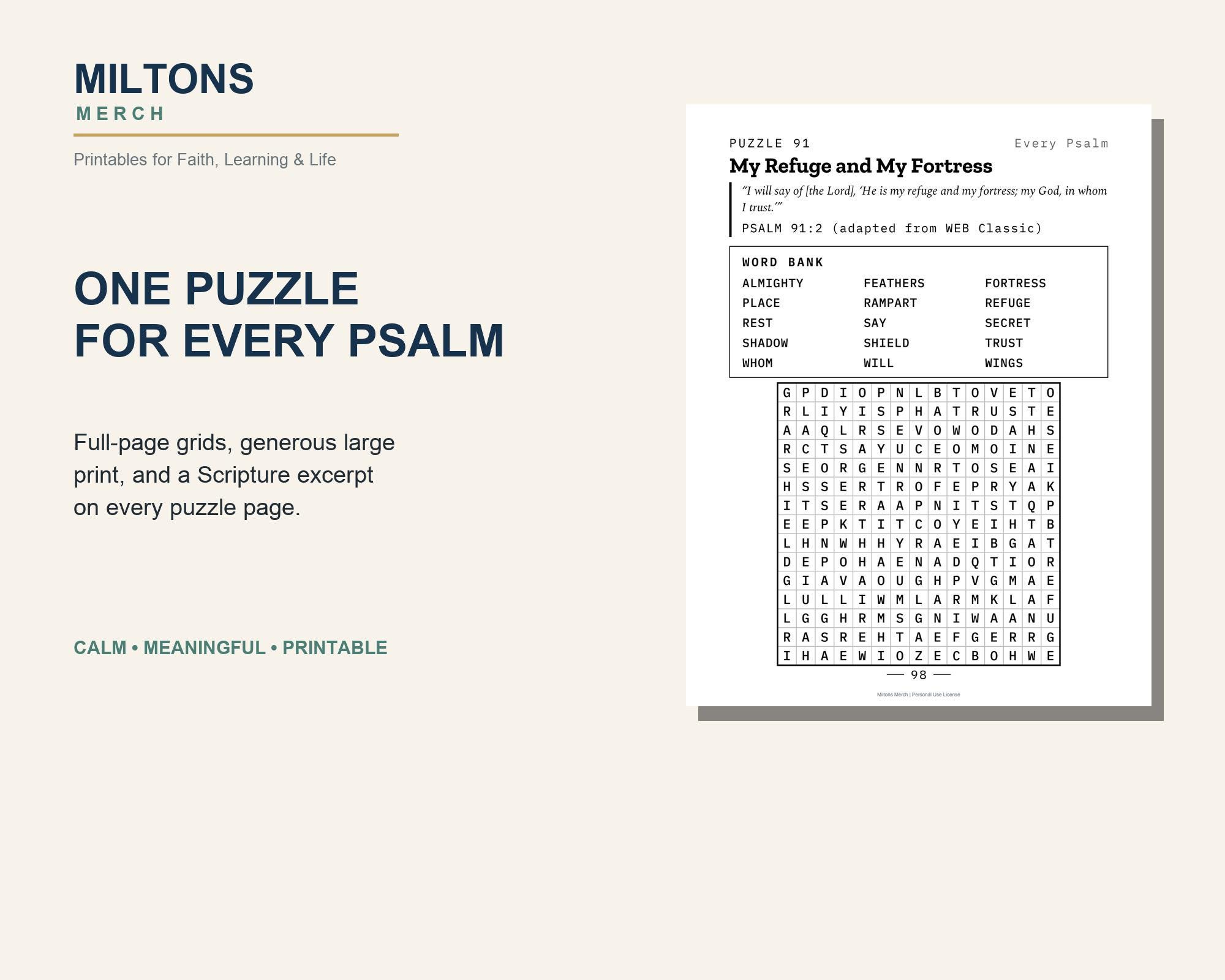 Psalms 91-120 Word Search Printables, Large Print Christian Puzzles (PDF) preview 4