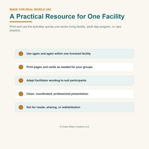 May include: An informational document titled A Practical Resource for One Facility, detailing usage terms for a senior living facility. It lists five bullet points regarding printing, adapting, and distributing content, ending with a copyright notice.