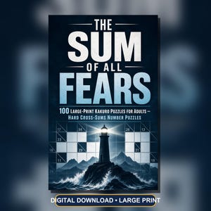 May include: A book cover titled The Sum of All Fears, featuring 100 Large-Print Kakuro Puzzles for Adults and Hard Cross-Sums Number Puzzles. The design displays a lighthouse on a rocky cliff amidst crashing waves, overlaid with a grid puzzle.