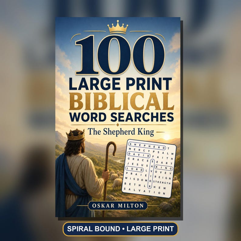 100 sopas de letras bíblicas en letra grande: El rey pastor, la vida de David (libro encuadernado en espiral) imagen 1