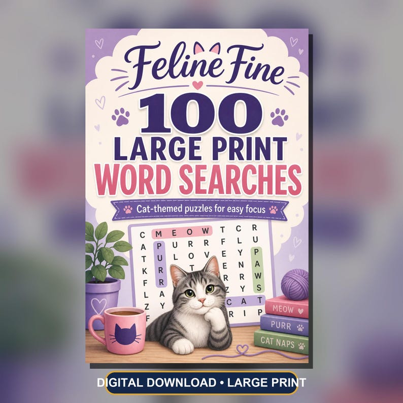 Feline Fine 100 Large Print Cat Word Searches (PDF Download) image 1