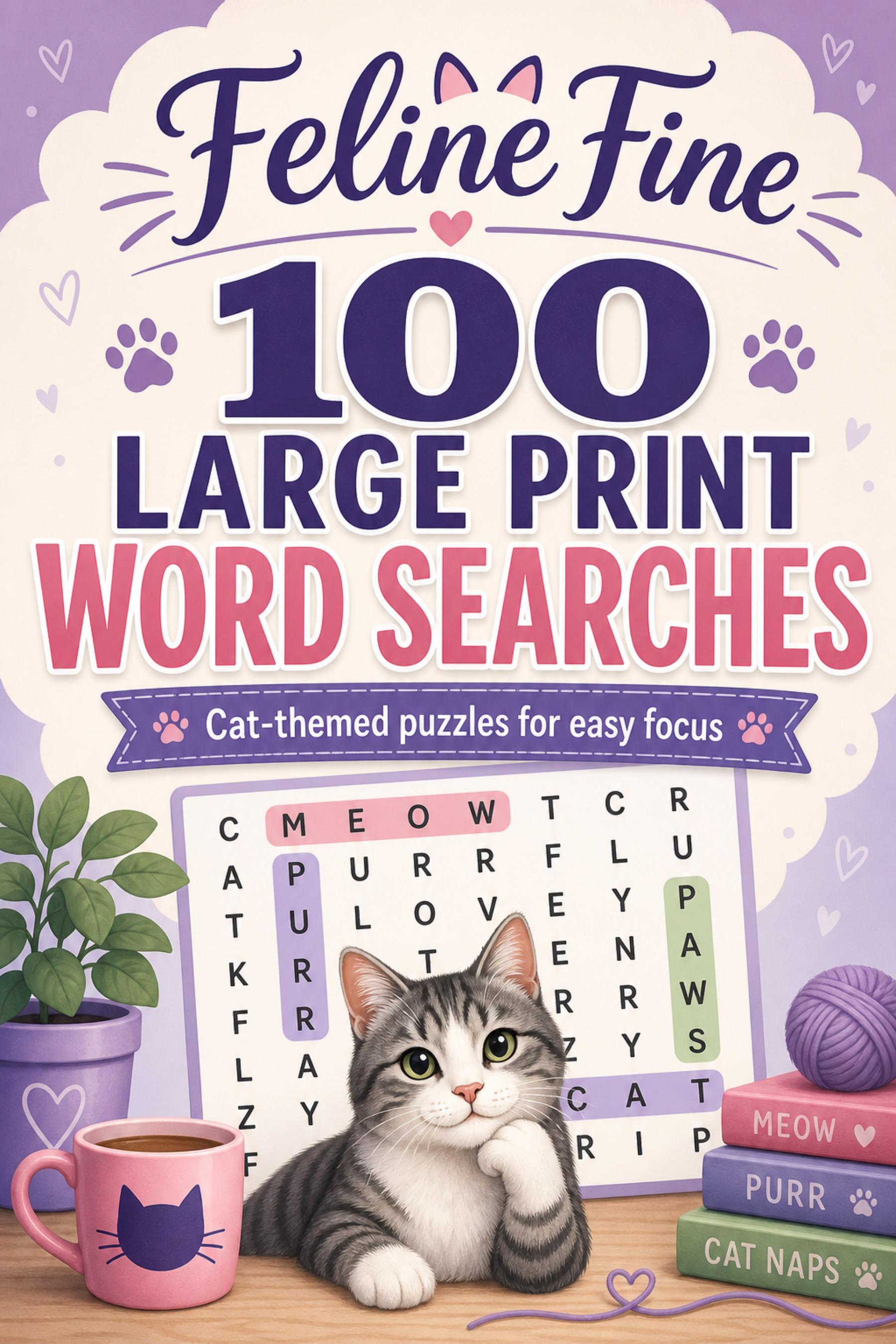Feline Fine 100 Large Print Cat Word Searches (PDF Download) cover