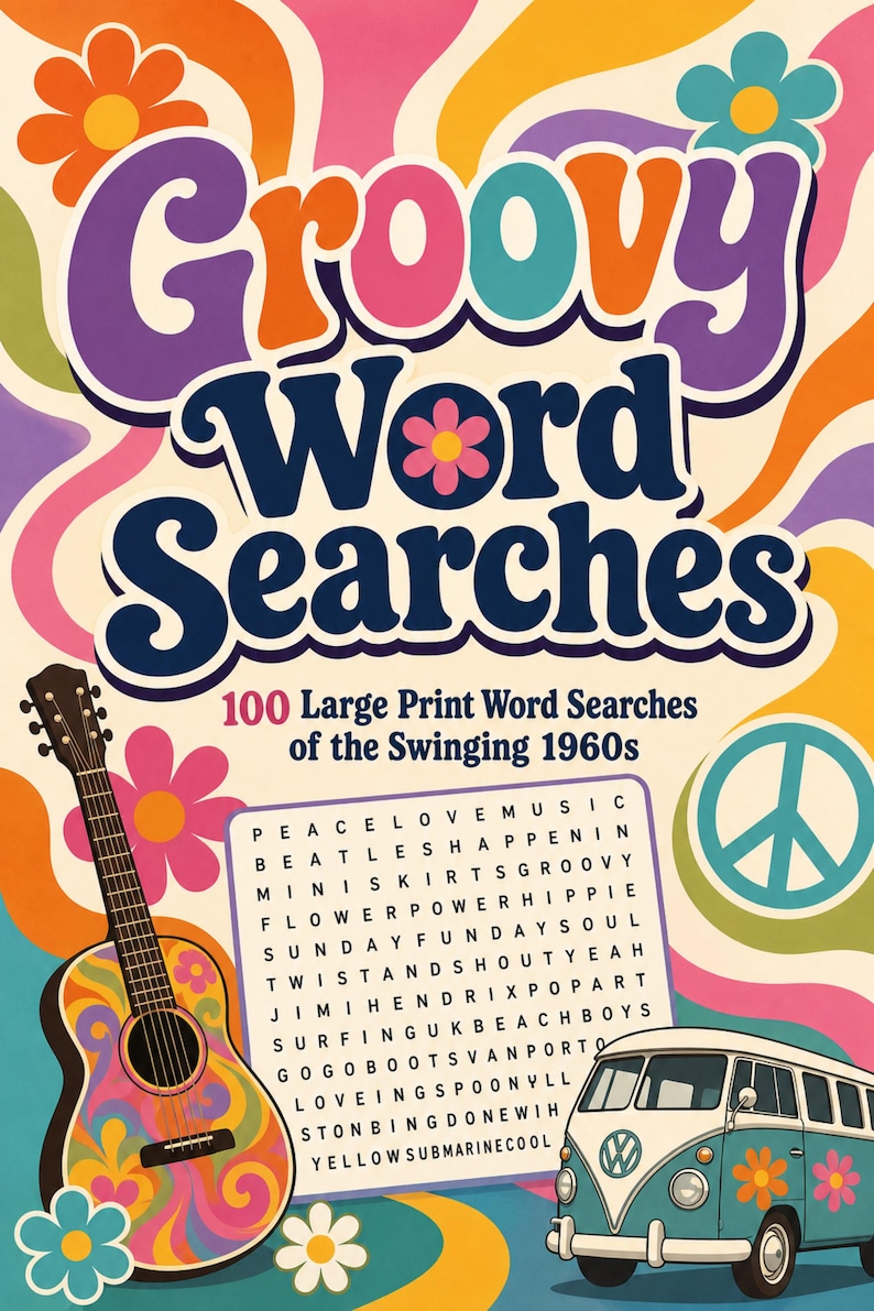 Groovy 1960s Word Search Book, Large Print Puzzles, Spiral Bound (100 Puzzles) imagem 2