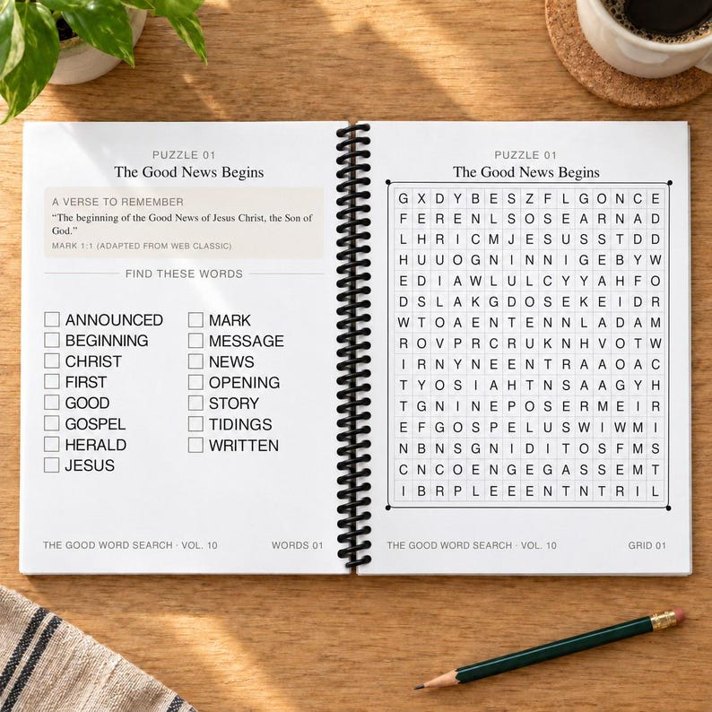 Op de afbeelding: Een spiraalgebonden woordzoekboek open op Puzzel 01 getiteld The Good News Begins. De linkerpagina bevat een vers uit Marcus 1:1 en een lijst met woorden om te zoeken, terwijl de rechterpagina een letterraster voor de woordzoeker toont.