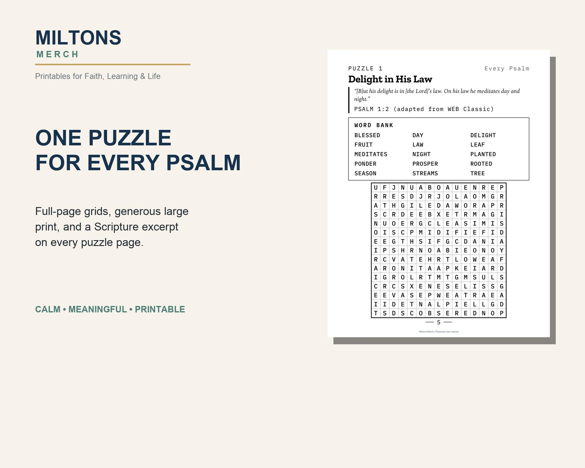 Psalms 1-30 Word Search Printables, Large Print Christian Puzzles (PDF) preview 5