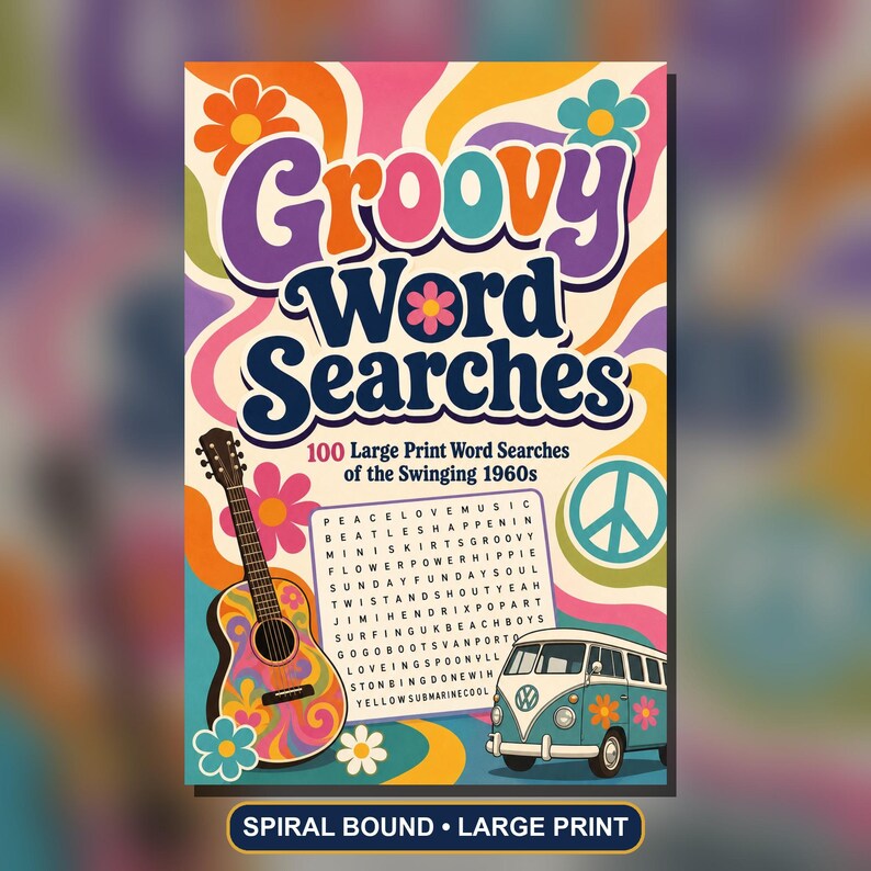 Groovy 1960s Word Search Book, Large Print Puzzles, Spiral Bound (100 Puzzles) imagem 1