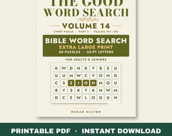 Op de afbeelding: Een boekomslag getiteld The Good Word Search Volume 14, met olijfgroene tekst op een crèmekleurige achtergrond. Het bevat de ondertitel Bible Word Search, Extra Large Print, 50 Puzzles, 25-pt letters en een raster met het gemarkeerde woord ZION.