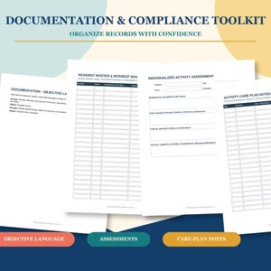Pode incluir: Um kit de ferramentas de documentação e conformidade com formulários impressos com cabeçalhos que incluem Documentation - Objective Language, Resident Roster and Interest Inventory, Individualized Activity Assessment e Activity Care Plan Notes.