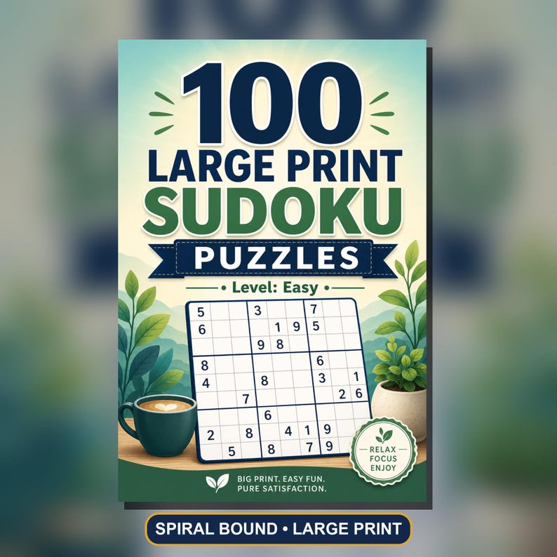 May include: A book cover titled 100 Large Print Sudoku Puzzles Level: Easy. The cover features a Sudoku grid, a dark green coffee mug, and potted plants against a mountain background. Text includes Big Print, Easy Fun, Pure Satisfaction and Relax Focus Enjoy.