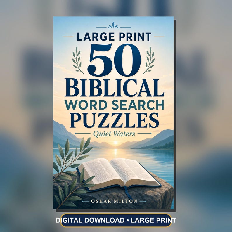 Puede incluir: Una portada de libro titulada Large Print 50 Biblical Word Search Puzzles Quiet Waters por Oskar Milton. La portada muestra un libro abierto sobre una roca frente a un lago tranquilo al amanecer, con ramas verdes en el primer plano.