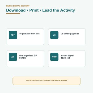 Puede incluir: Un gr&aacute;fico de informaci&oacute;n de producto digital con el texto Simple Digital Delivery, Download &bull; Print &bull; Lead the Activity, 10 printable PDF files, US Letter page size, One organized ZIP bundle, Instant digital download y Digital product - no physical item will be shipped.
