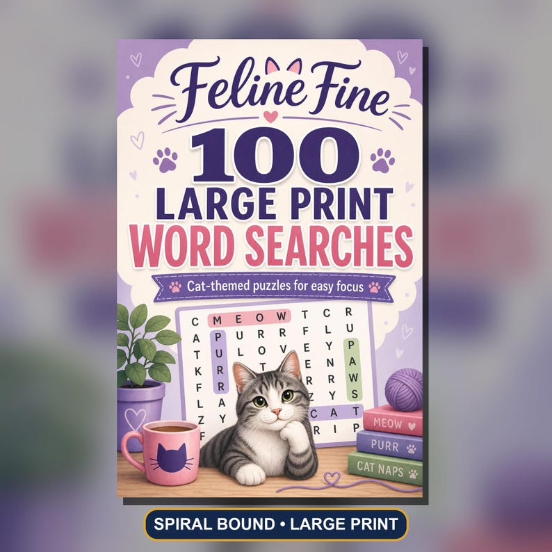 Feline Fine 100 Large Print Cat Word Search Puzzles, Spiral Bound Activity Book image 1