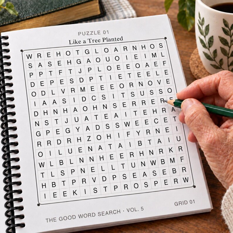May include: A spiral-bound word search puzzle book titled The Good Word Search Vol. 5, featuring a grid labeled Puzzle 01 Like a Tree Planted. The page contains a square grid of letters with a green pencil pointing toward the letter E in the grid.
