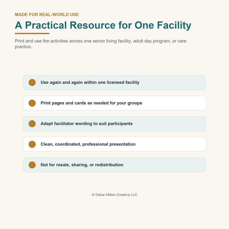 May include: An informational document titled A Practical Resource for One Facility, detailing usage terms for a senior living facility. It lists five bullet points regarding printing, adapting, and distributing content, ending with a copyright notice.
