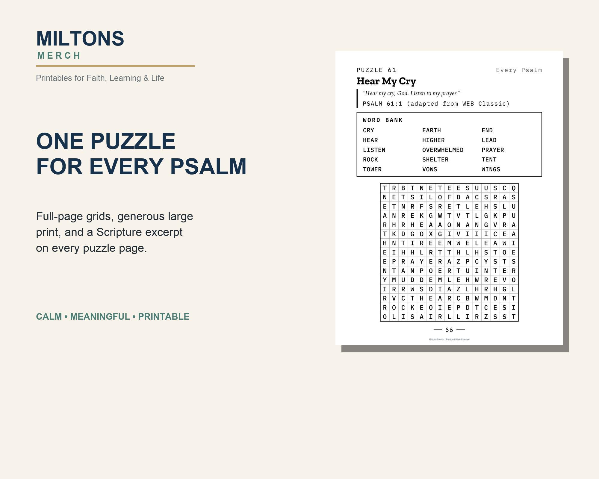 Psalms 61-90 Word Search Printables, 30 Large Print Scripture Puzzles (PDF) preview 4
