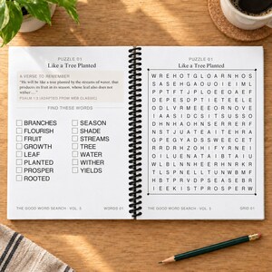 May include: A spiral-bound word search puzzle book open to a page titled Like a Tree Planted. The left side lists words to find, and the right side displays a letter grid. The text includes Psalm 1:3 and the title The Good Word Search Vol. 5.